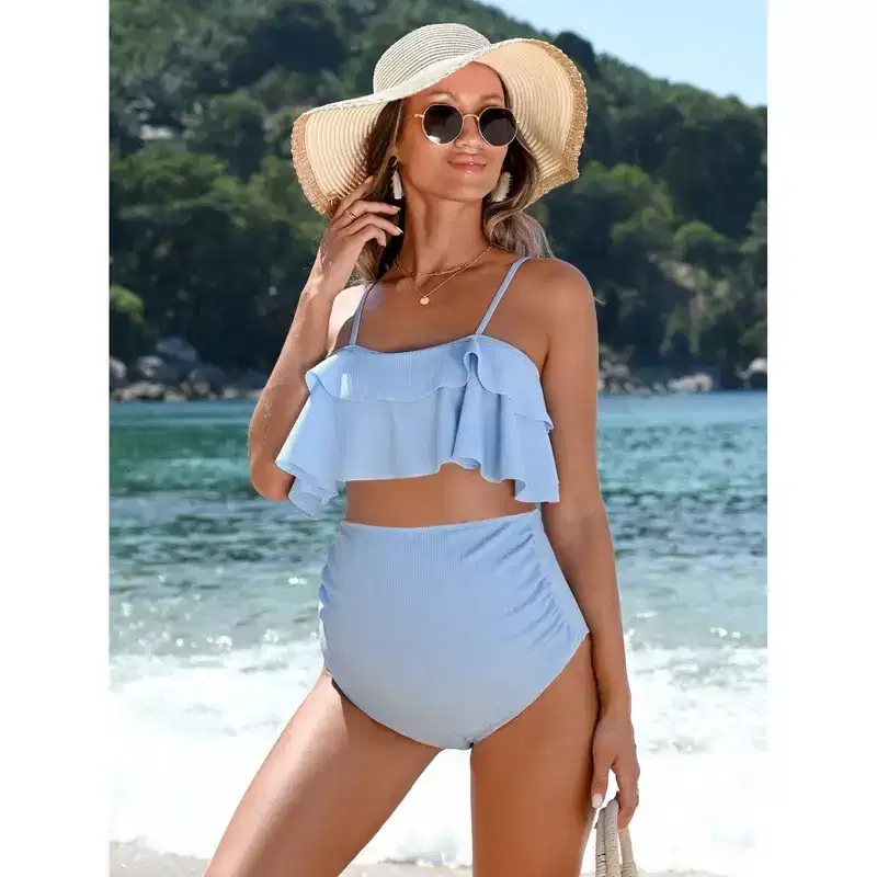 Clearlove Maternity Bikini Sets Ruffle Bikini Tops with Over-the-Bump Swim Bottom Rib Texture Highwaist 2 Piece Bandeau Bathing Suits