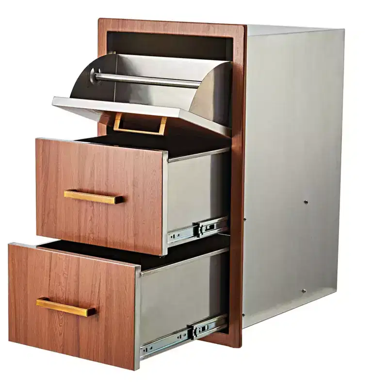 Triple Flush Mount Outdoor Kitchen Drawers with Stainless Steel Handle & Paper Towel Holder