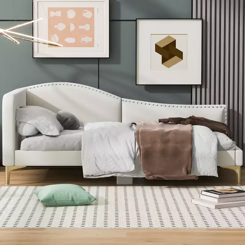 Twin/Full Size Linen Upholstered Daybed with Headboard and Armrest, Support Legs - HABITRIO