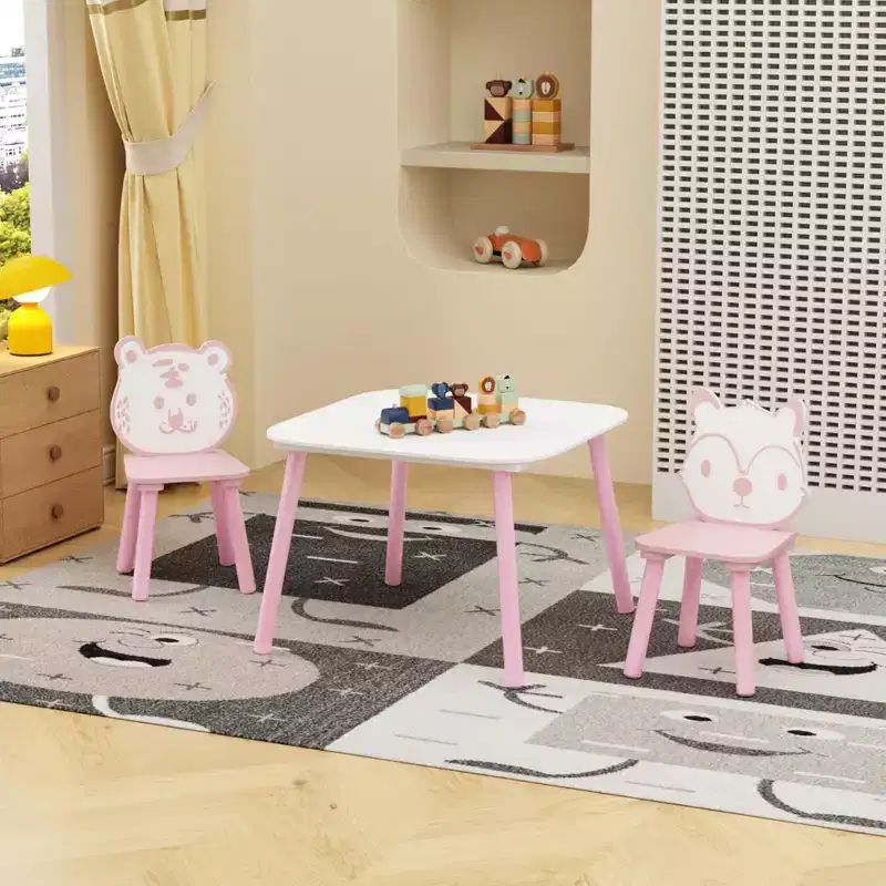 JVNOXK Kids Table and Chair Set, 3-Piece Wooden Toddler Desk with Animal Backrest, Activity Table for Drawing, Learning,Playroom or Nursery Pink