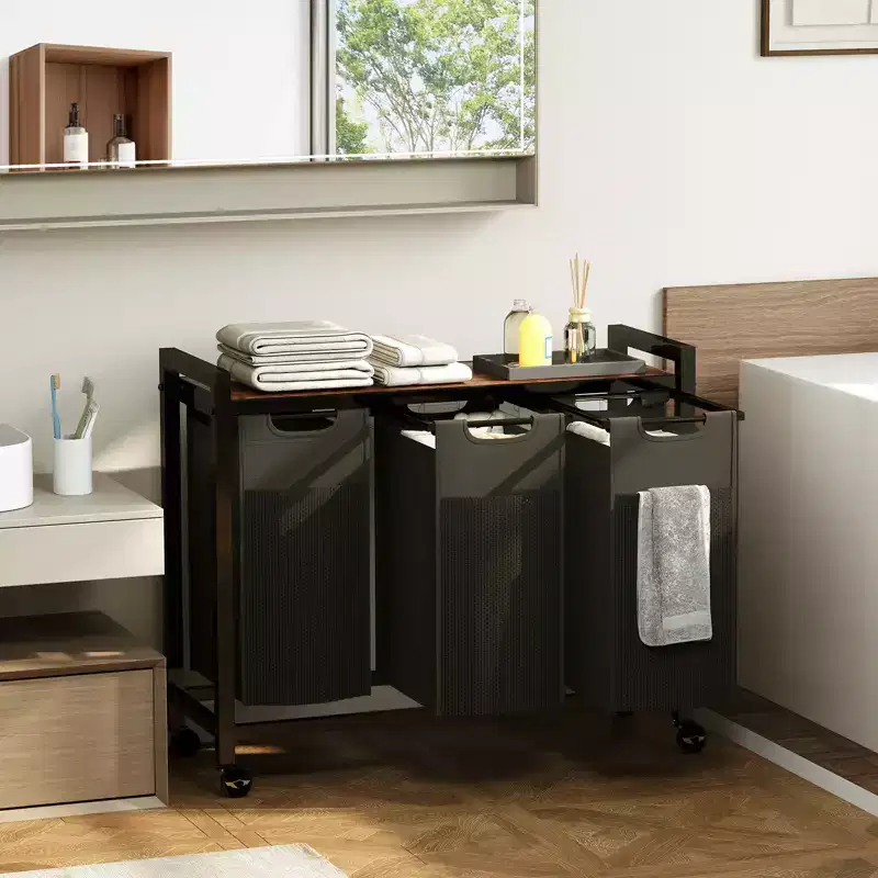 3-Bag Laundry Sorter Hamper with Removable Waterproof Bags and Shelf, Rolling Wheels or Adjustable Feet, 25.8 Gal Storage Organizer