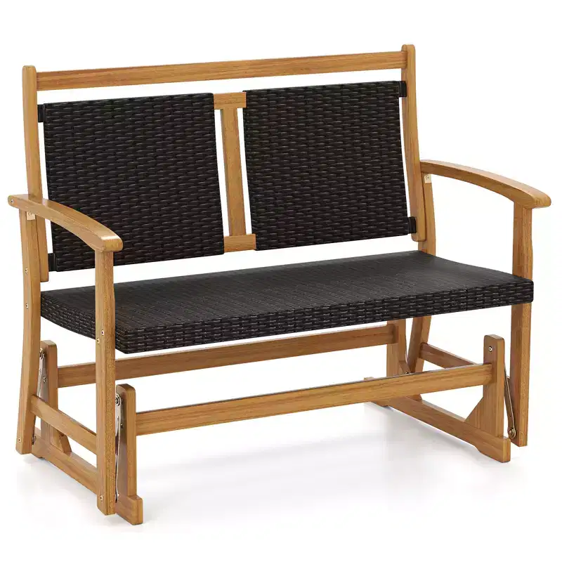 Costway Patio Rattan Glider Bench Swing Gliding Rocker for 2 w/ Acacia Wood Frame