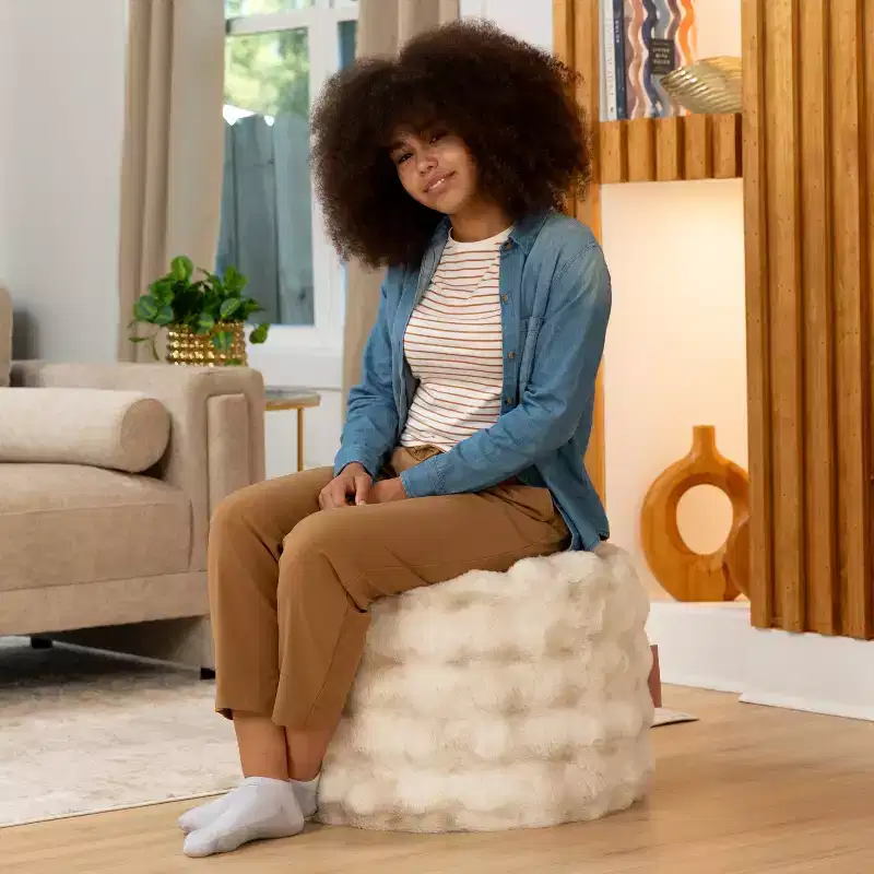Raven Round Ottoman Accent Pouf by Raven-Symon Home - Faux Fur