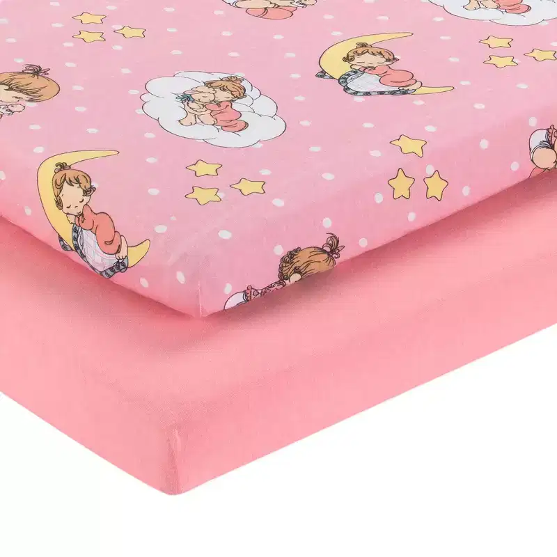 Everyday Kids 2-Pack Pack 'n Play Sheets  100% Jersey Cotton, Pink & Yellow Precious Moments Designs, Soft Fitted Sheets for Mini Cribs or Playpens