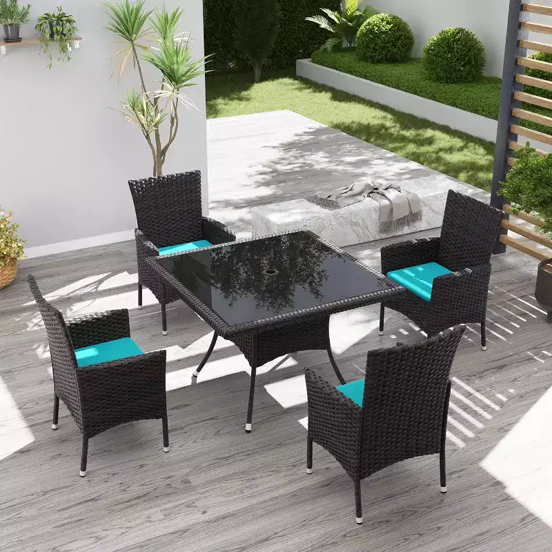 ALAULM Patio Furniture Outdoor Dining Set, Wicker Rattan Patio Dining Table and Chairs Set, Square Tempered Glass Tabletop with Umbrella Set