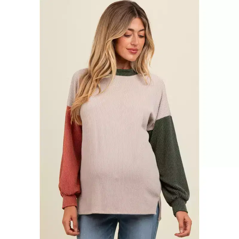 Pinkblush Cream Ribbed Colorblock Maternity Side Slit Top