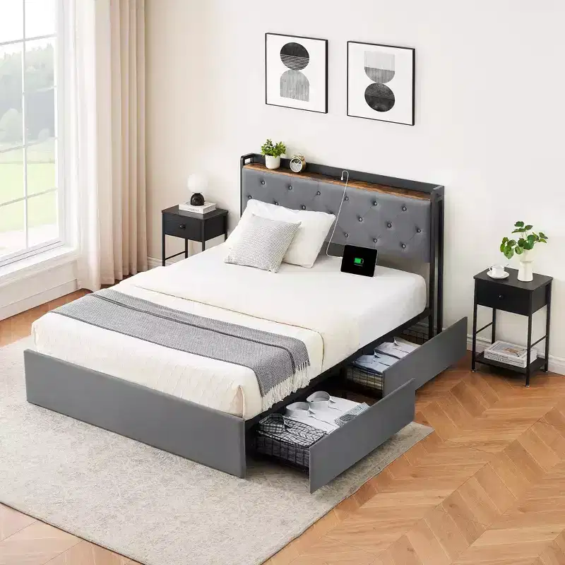 GustoWave Upholstered Bed Frame with Storage Drawers, Velvet Bed with Headboard Shelf, Metal Slats Support, No Box Spring Needed