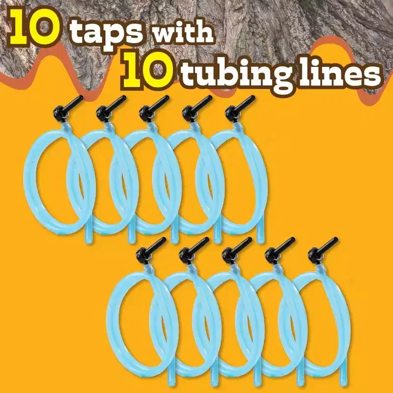 Deluxe Maple Syrup Tree Tapping & Sugaring Starter Kit-10 Taps & 10 2.5ft Extra Long Food-Grade Tubing Drop Lines- Complete Set to Start Tapping Sap