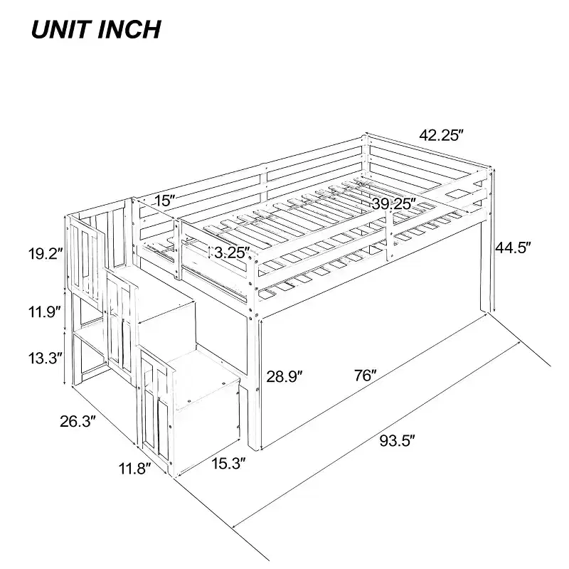 Twin Size Loft Bed, Pine Wood Twin Loft Bed Frame with Staircase, Storage Space, Slide, Full-Length Safety Guardrails for Bedroom