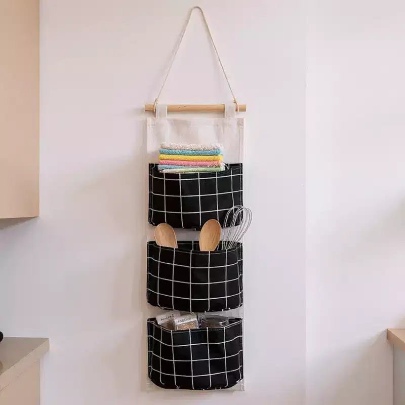 Hanging Wall Organizer with Three Pockets and Black Grid Pattern, 22.5x7.8 in