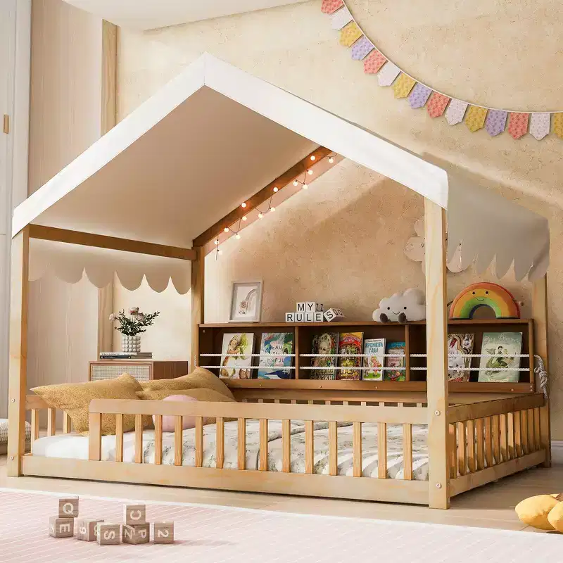 Whisen Full Size Wooden Floor Bed Frame, House-Shaped Daybed with Fense, 3 Storage Bookshelves, Curtain