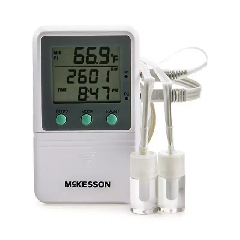 McKesson Multiple Mounting Options Dual (F C) Digital Refrigerator / Freezer Thermometer with Alarm