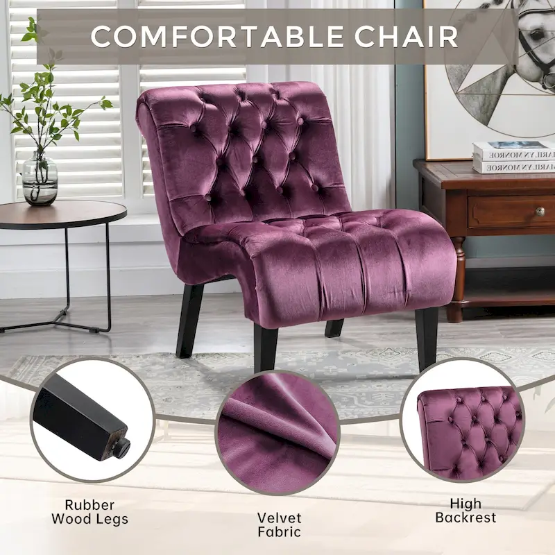Velvet Armless Accent Chair with Wooden Legs and Thick Cushioned Seat