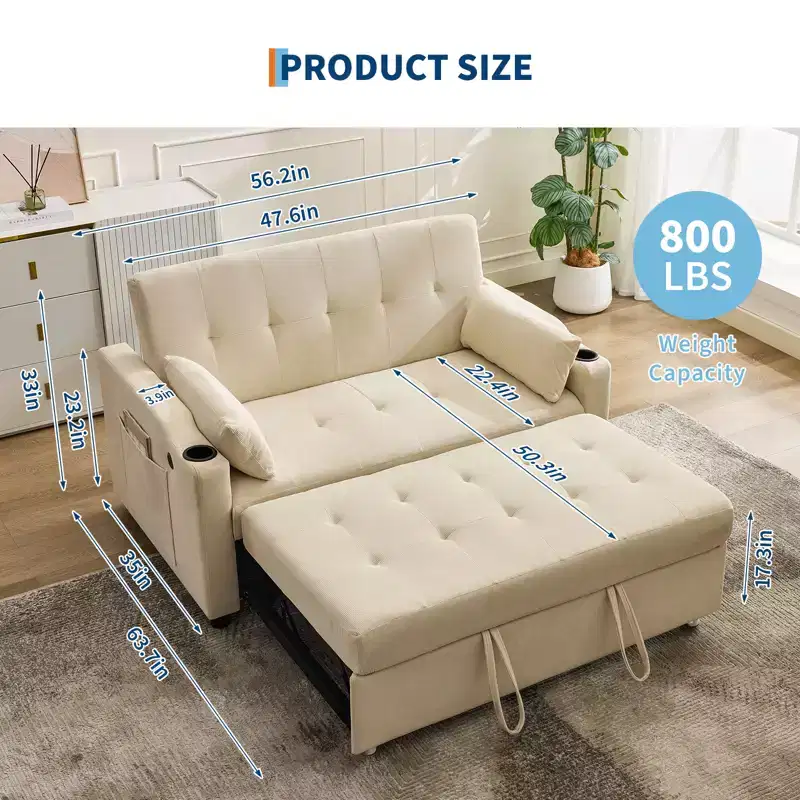 3 in 1 Convertible Sleeper Sofa Bed, Modern Upholstered Sofa, Corduroy Sleeper Loveseat with Pull-Out Bed, Adjustable Backrest, for Living Room