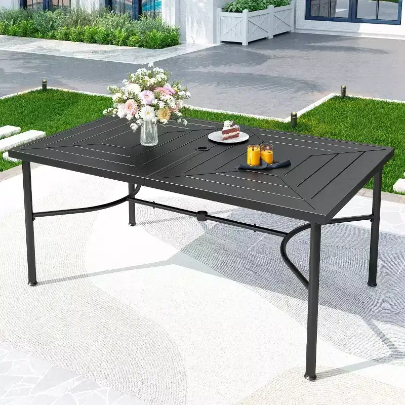 7pc Outdoor Dining Set with Rectangular Table with 1.9" Umbrella Hole & Padded Textilene Chairs - Gray/Black - Captiva Designs: Steel Frame