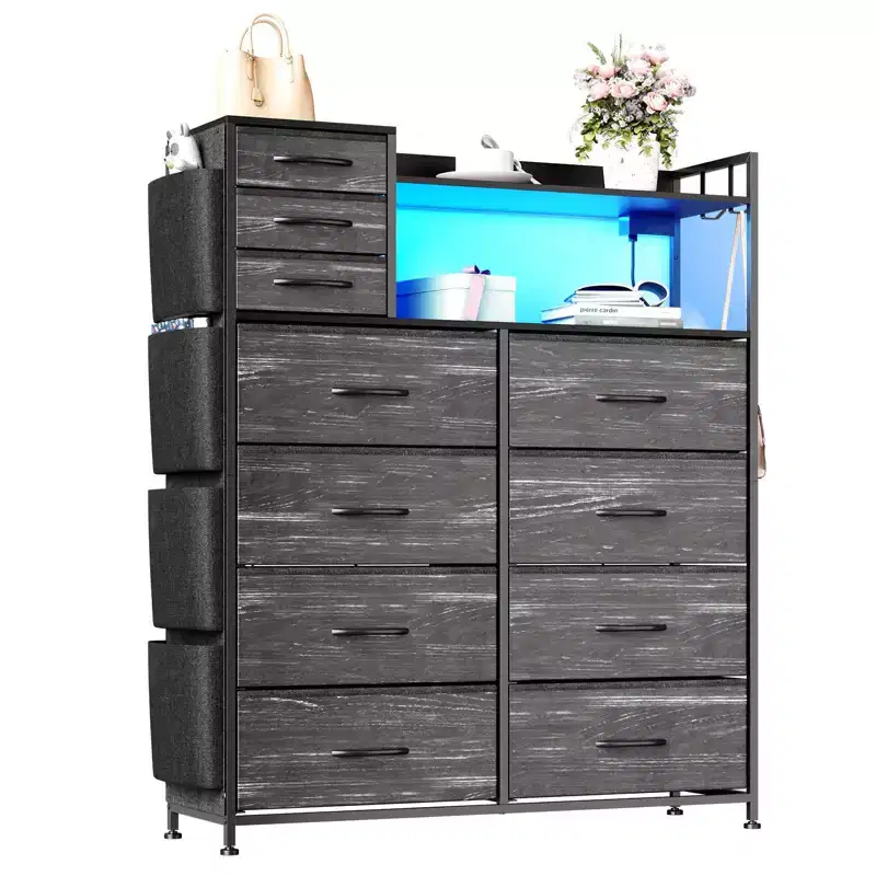 Fabric 11-Drawer Dresser with Charging Station & LED Lights