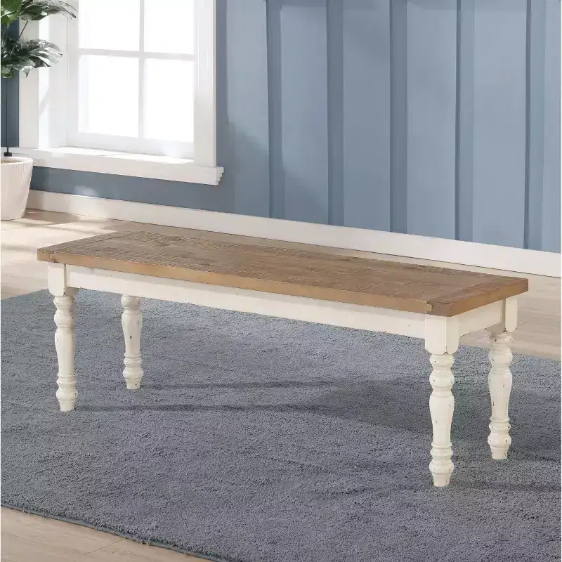 Two-Tone Wood Dining Bench, Antique White & Distressed Oak, 52