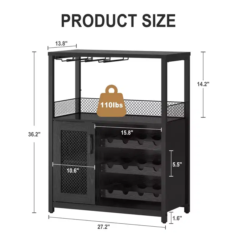 Wine Bar Cabinet with 12-Bottle Rack & Stemware Holder, Industrial Sideboard with Mesh Door, Metal Frame