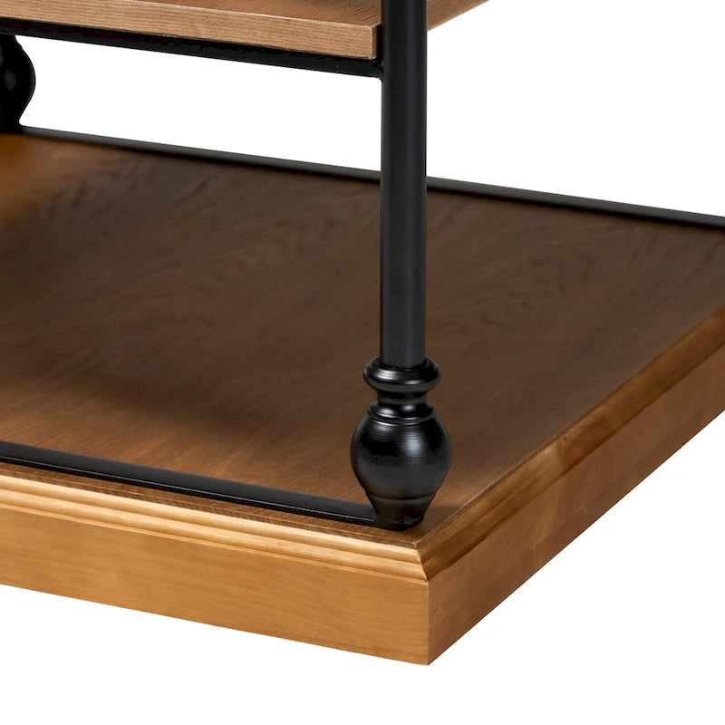 Traditional Industrial Wood and Black Metal 3-Tier End Table