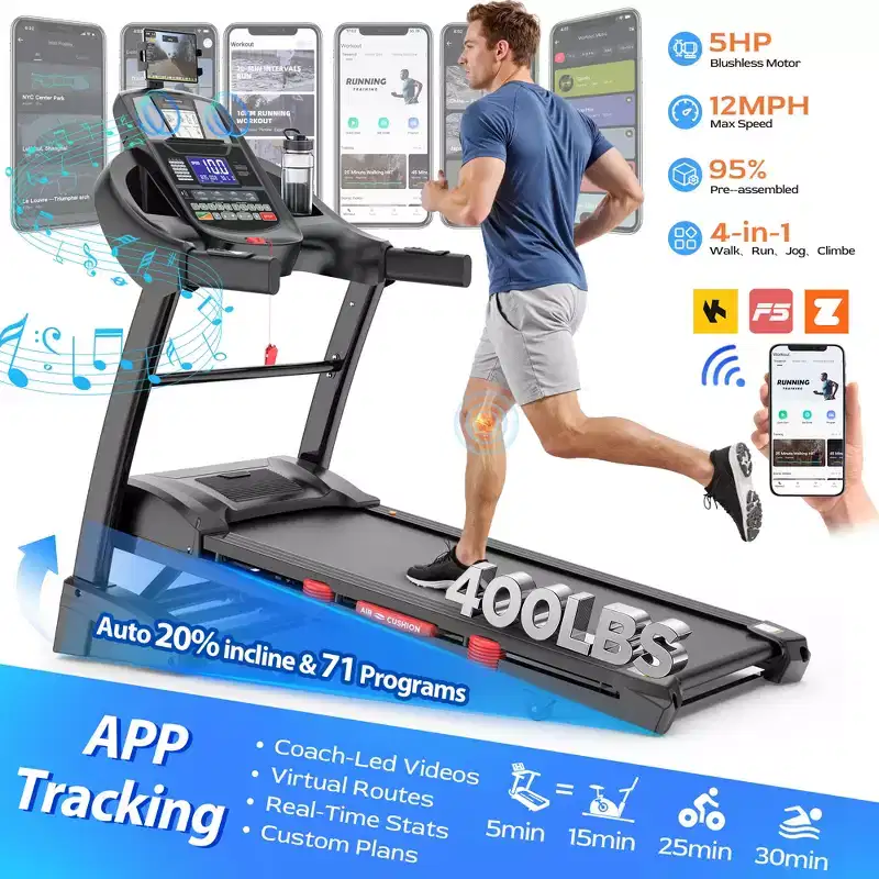 Folding Treadmill with 5HP Quiet Motor, 20-Level Auto Incline, APP Control, 71 Programs, Shock-Absorbing Deck, 300-400LB Capacity for Home Use