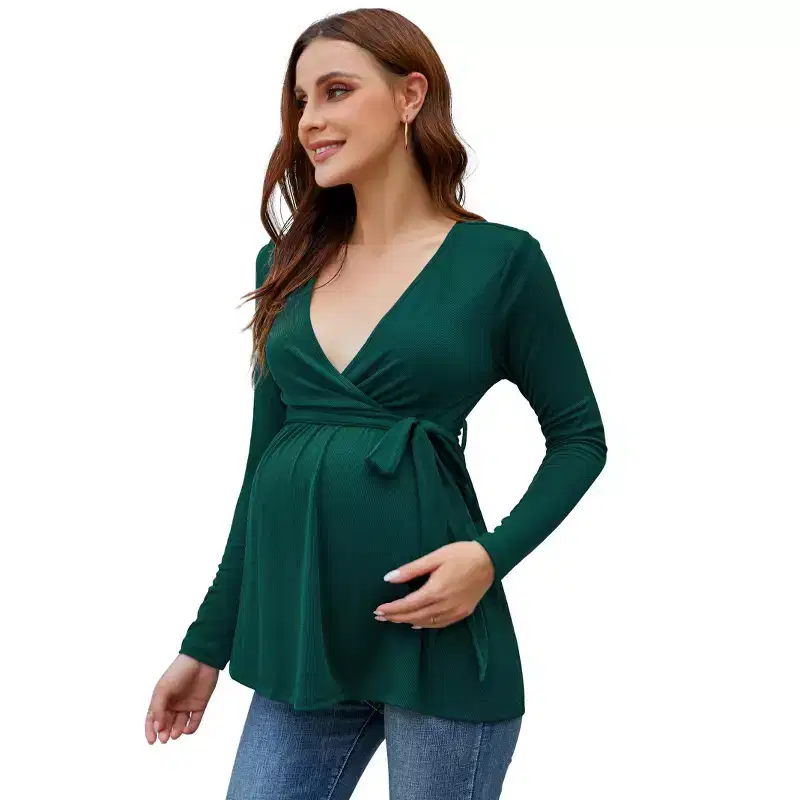 Coolmee Women's Ruffle Maternity Shirts Tops Long Sleeve Criss Cross V Neck Tie Front Pregnancy Clothes