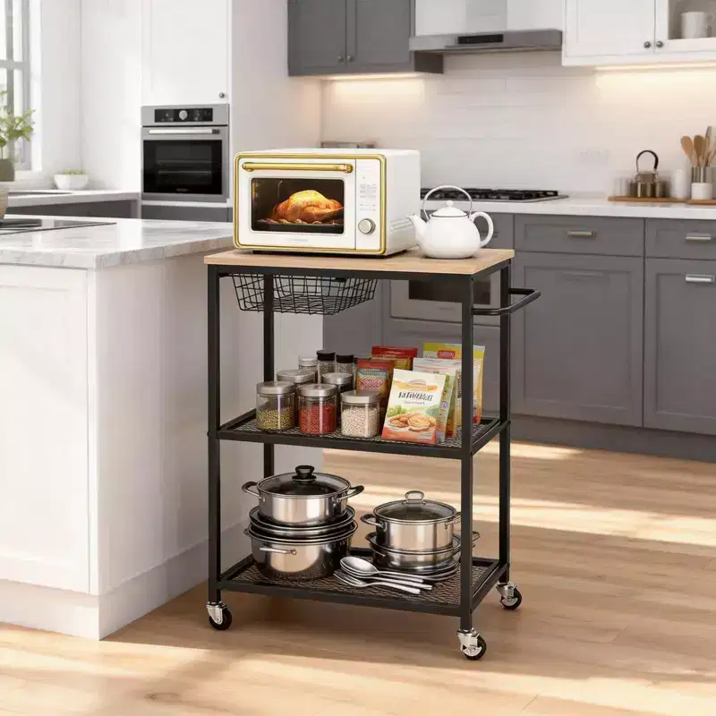 Vintage 3-Tier Rolling Kitchen Cart with Push Handle 2 Lockable Wheels Utility Microwave Stand Storage for Kitchen Island Coffee Bar Living Room