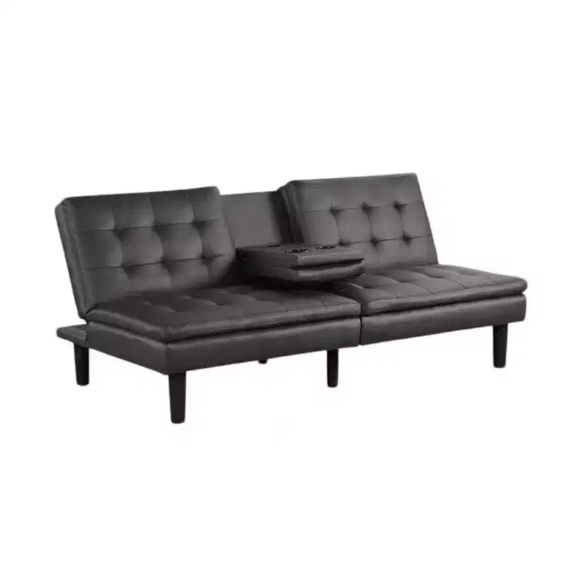 Futon Sofa Bed with Drop-Down Tray, Cupholder and USB Ports, Gray Faux Leather
