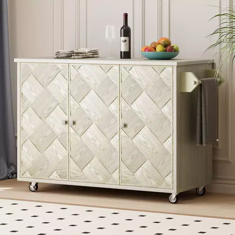 ASH Veneer Handwoven Rolling Kitchen Island with Drop Leaf, Coastal Style with Internal Storage Rack