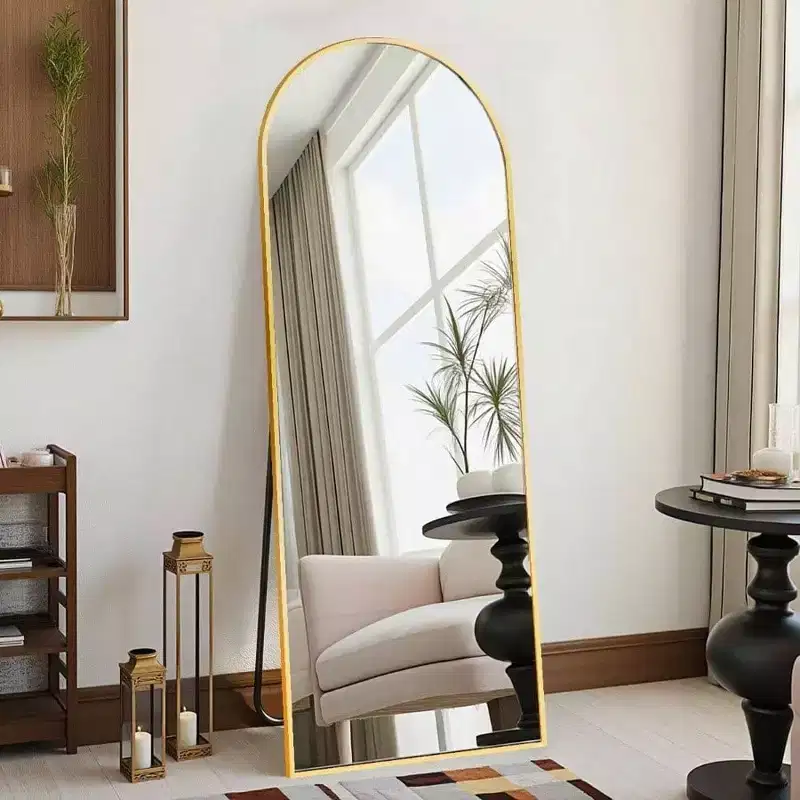 58 inchx 18 inch arched full length mirror floor standing or wall mounted with stand aluminum frame shatter proof glass gold