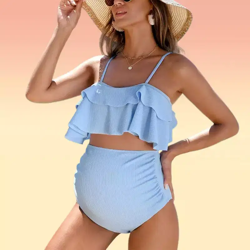 Clearlove Maternity Bikini Sets Ruffle Bikini Tops with Over-the-Bump Swim Bottom Rib Texture Highwaist 2 Piece Bandeau Bathing Suits