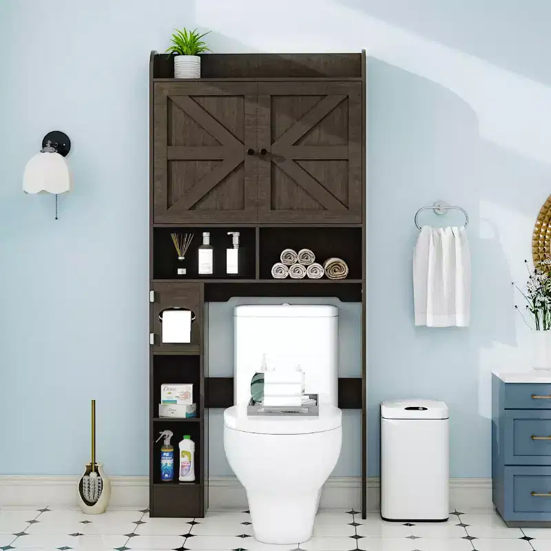 Over-the-Toilet Storage Cabinet with Barn Doors, Toilet Paper Holder & 7 Storage Areas, 70