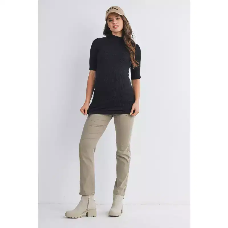 Hello Miz Women's Ribbed Mock Neck Elbow Sleeve Maternity Top