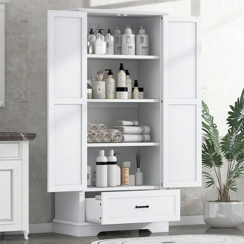 Tall Storage Cabinet with 2 Doors & 1 Drawer – White, MDF, Adjustable Shelves