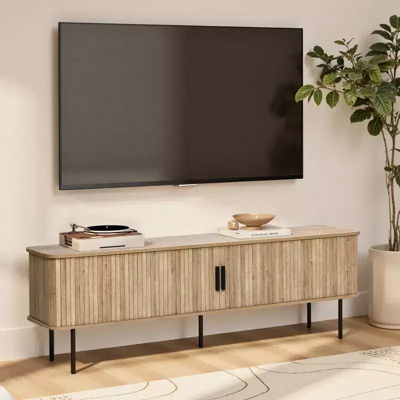 LuxenHome 62.6 Modern TV Stand with Storage for TVs Up to 65 Inch, Oak Entertainment Console with Sliding Doors Brown