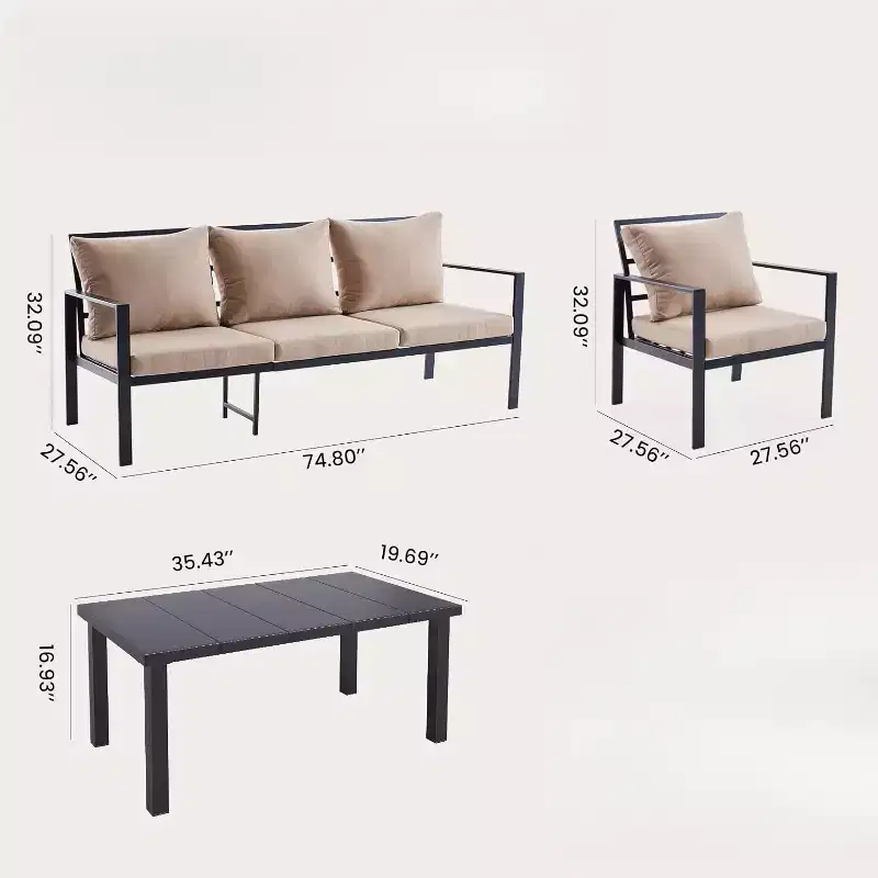NAYSAYE Patio Chaise Lounges Metal Conversation Set with Thick Cushions and Coffee Table for Outdoor, Beige, 27.56*27.56*32.09