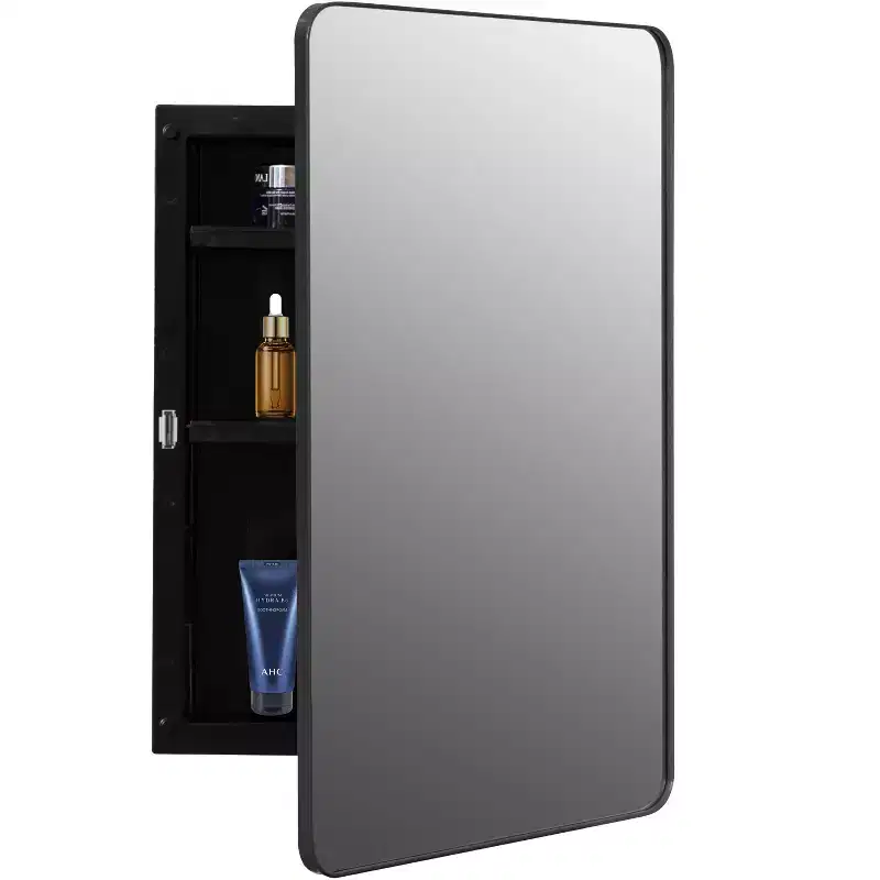 Basicwise Plastic Medicine Cabinet with Beveled Mirror Door, Round Metal Frame, Surface or Recessed Mount, Wall Vanity Cabinet W/ 2 Adjustable Shelves