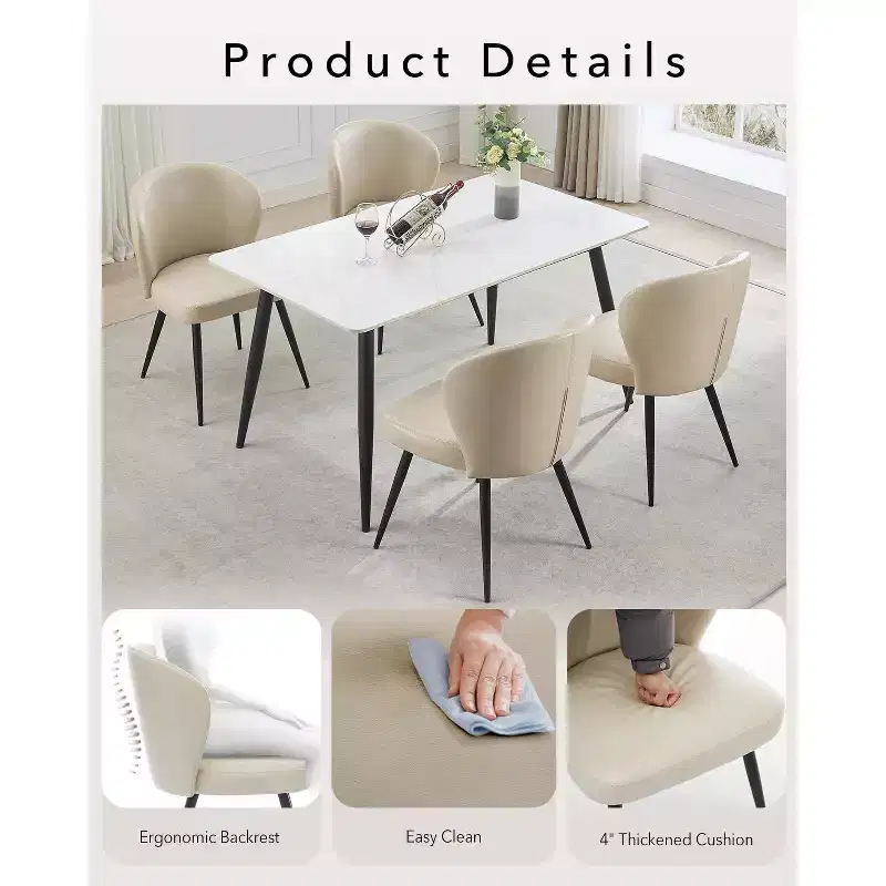 Dining Chairs, Mid-Century Modern Kitchen Dining Room Chairs with Padded Back and Seat, Armless Faux Leather Upholstered Beige