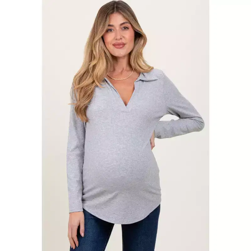 Pinkblush Heather Grey Ribbed Collared Maternity Long Sleeve Top