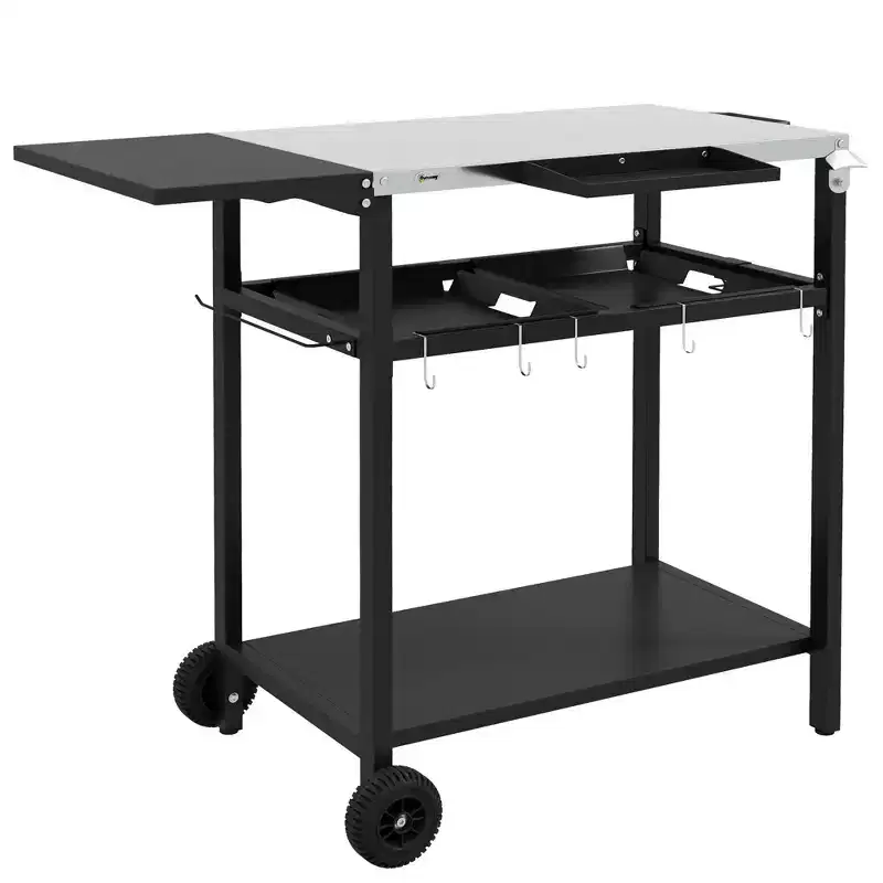 Bar Serving Cart Outdoor Kitchen Island with Stainless Steel Top and Storage for Patio, Black, 48