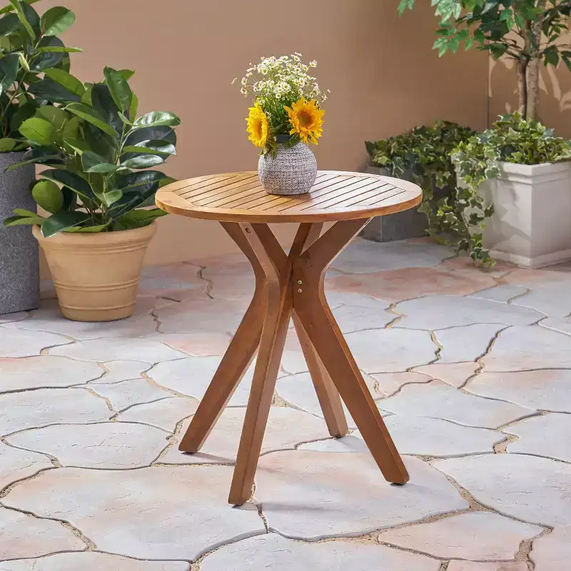 GDFStudio Brigitte Outdoor Acacia Wood Circular Bistro Table with Cross Base