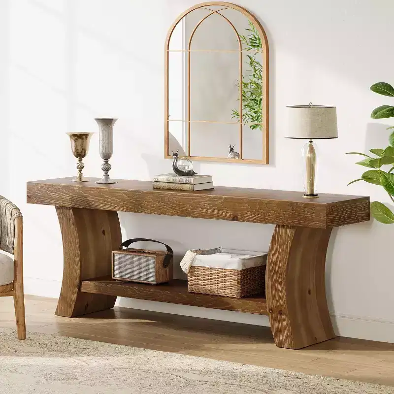 Lantine 63 Solid Wood Console Table, 2-Tier Farmhouse Sofa Table, Low TV Console for Living Room, Entryway, Hallway (Dark Brown)