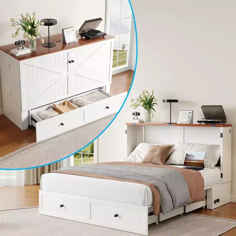 Full/Queen Size Murphy Bed Chest with Mattress and Storage