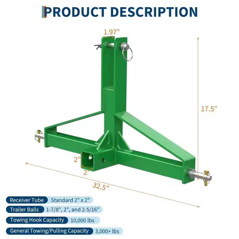 3 Point Trailer Hitch 2 Receiver, Quick Hitch Attachment, Receiver Tow Drawbar for Tractor Standard Category 1, 10,000Lbs Capacity