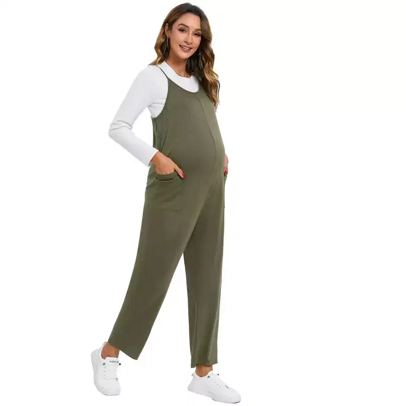 Coolmee Women's Maternity Jumpsuits Casual Adjustable Spaghetti Strap Jogger Overalls Outfits Pregnancy Rompers with Pockets S Green