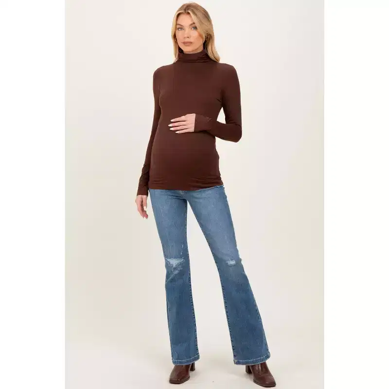 Pinkblush Brown Brushed Knit Basic Turtleneck Maternity Top