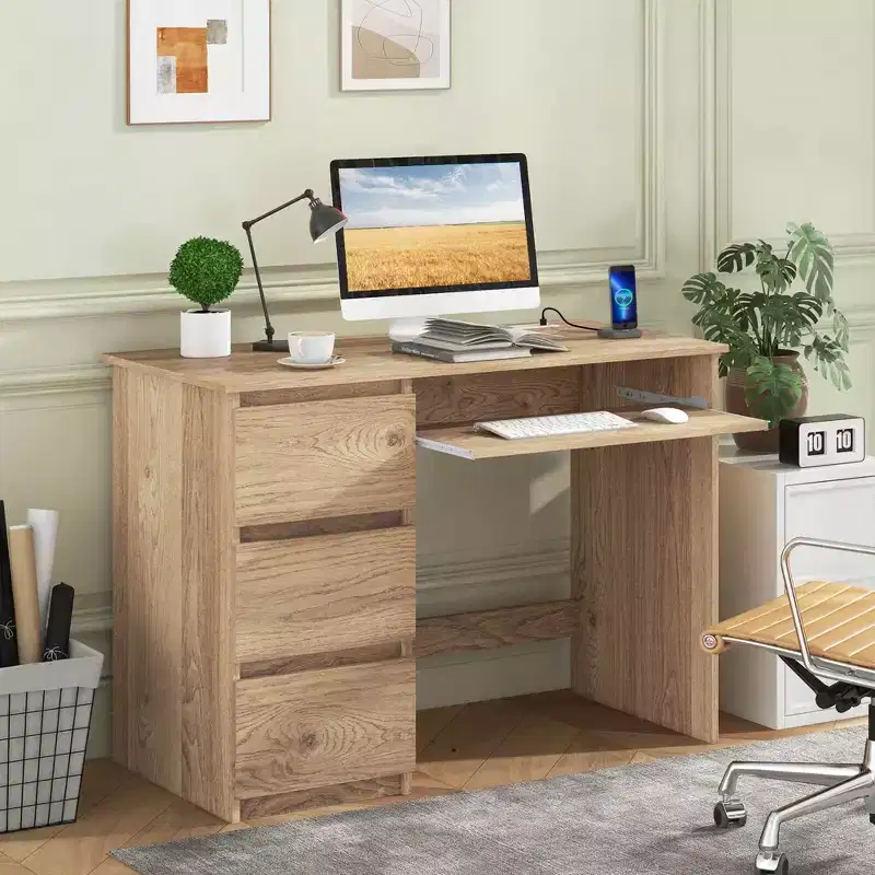 Costway Computer Desk with Power Outlet Keyboard Tray & 3 Large Drawers Type-C & USB Ports White/Natural