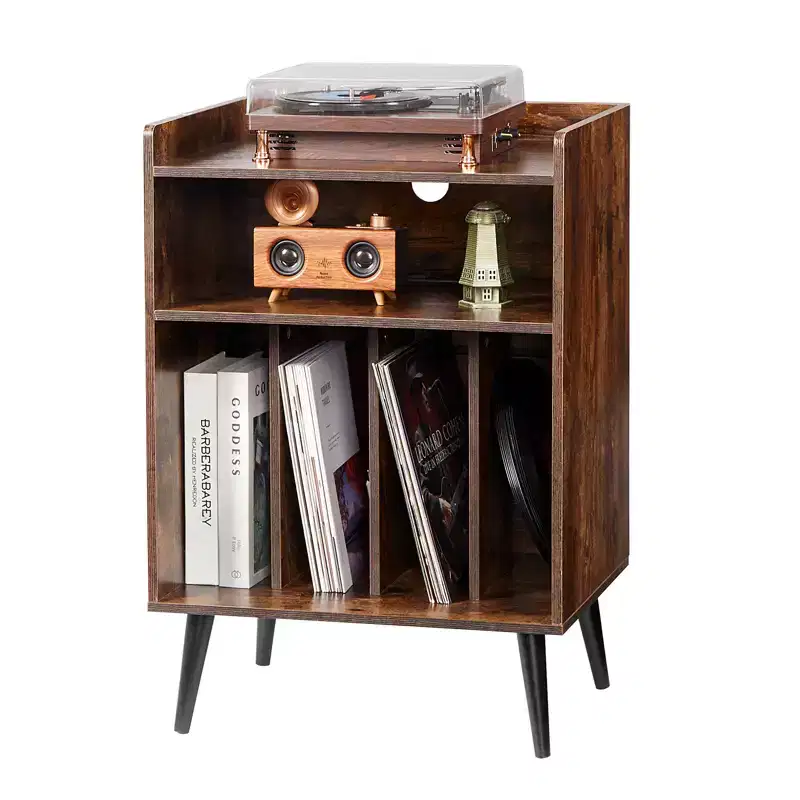 VEVOR Record Player Stand with Light, 3 Tiers Turntable Stand with Charging Station & USB Ports, Holds up to 150 Albums, Brown