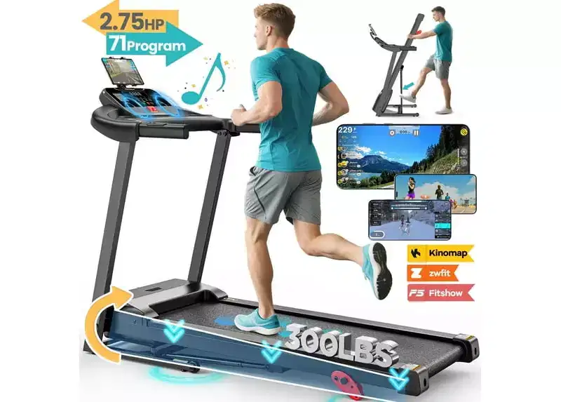 2.75HP Folding Treadmill w/ 300lb Capacity & Incline, 71Programs, Smart APP, HiFi Stereo Speakers, 7.5MPH Portable Treadmill for Home Jogging Walking