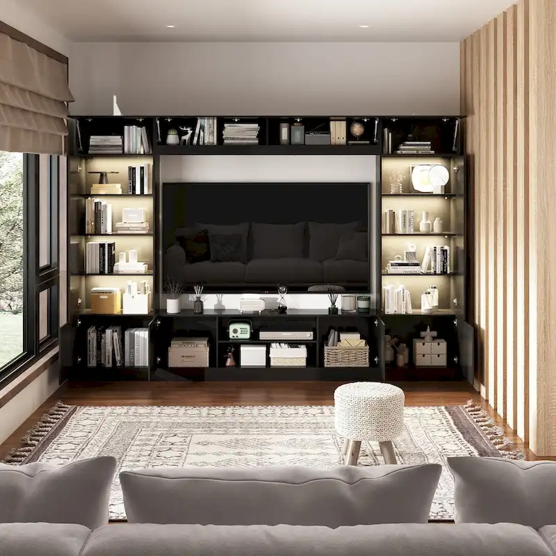 Bookshelf Entertainment Center Storage & Ambient Lighting White/Black