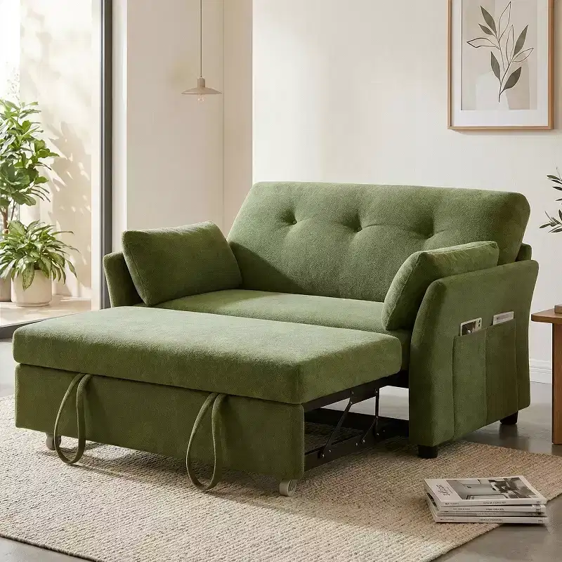 51 Inch 3-in-1 Pull-Out Sleeper Sofa Bed, Convertible Loveseat with Reclining Adjustable Backrest, Chenille Upholstered Couch, Side Pocket